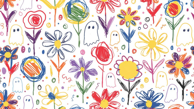 Cute seamless Halloween floral pattern with happy ghosts vector background 
