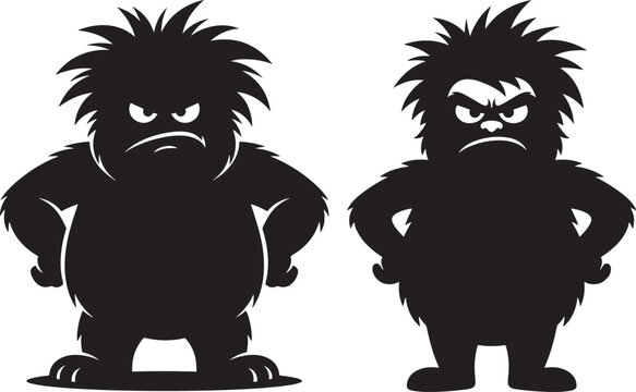 Pair of angry furry monster character silhouettes on white background with creature character silhouette background illustration