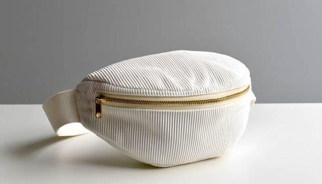A clean grey background contrasts with a fanny pack made of white corduroy, featuring a gold zipper. It's a minimalist design, suitable for everyday use or travel. The soft texture makes it a simple a