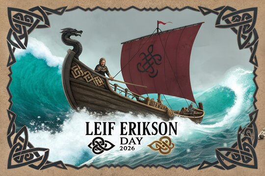 Brave viking explorer stands upon his traditional wooden longship sailing through rough turquoise ocean waves under a moody grey sky to celebrate the historic annual leif erikson day holiday event