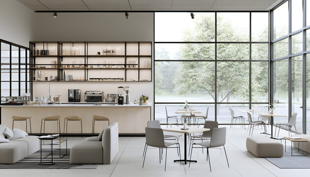 Features include a coffee bar, shelf displays, large windows, and seating areas. Natural light streams in, lines are clean, and the decor is minimalist. It creates a soothing, contemporary environment