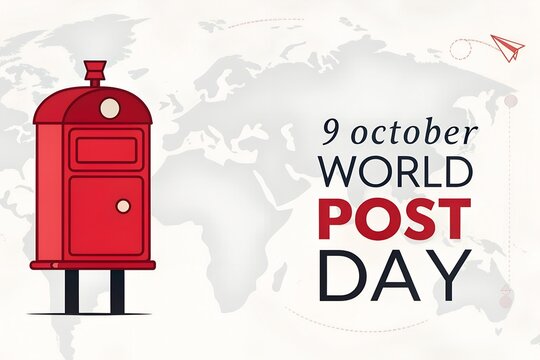 Bright red vintage style mailbox illustration featuring bold typography for world post day celebration set against a soft faded global map background design element for international postal service aw