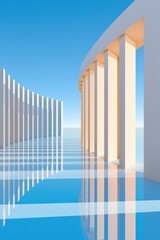 Obraz premium Minimal modern colonnade with reflected columns and blue sky — abstract architectural 3D render