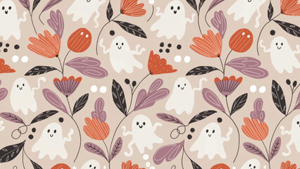 Fototapeta premium Hand-drawn seamless Halloween floral pattern ghosts vector background 