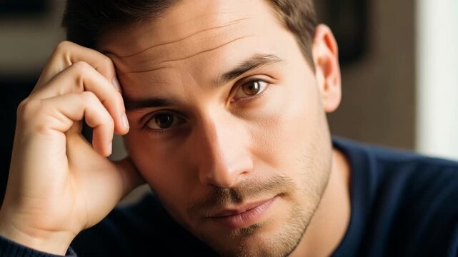 Contemplation and Intensity A close up portrait of a man with a thoughtful expression his gaze fixed intently ahead hand resting on his temple