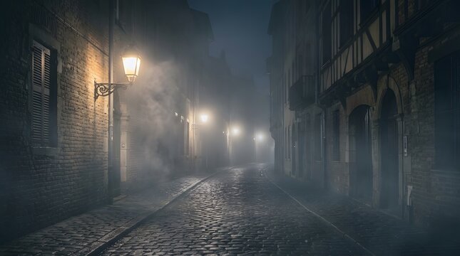 Mysterious foggy night in an old European cobblestone street with vintage lanterns