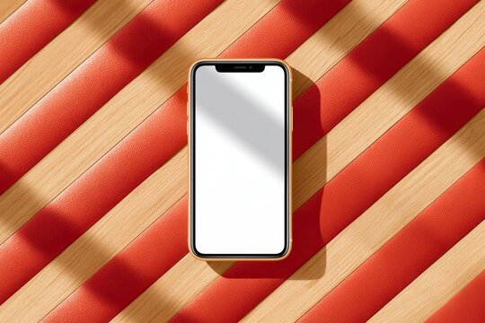 Top view iPhone mockup with blank white screen on red and wood striped background