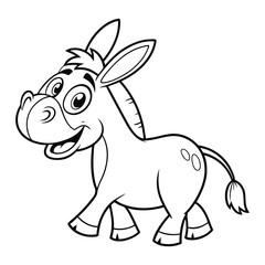 Fototapeta premium Cute Cartoon Donkey Smiling – Black and White Farm Animal Illustration for Kids Coloring, Agriculture Education, and Creative Design Projects