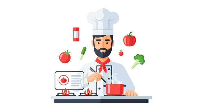Professional Male Chef Cooking Healthy Meal with Digital Recipe Tablet and Fresh Vegetables Illustration