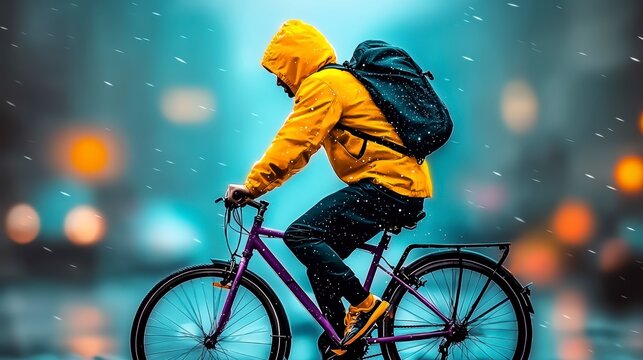 Urban Cyclist in Yellow Rain Jacket Riding Bike Through Winter Snowfall at Night