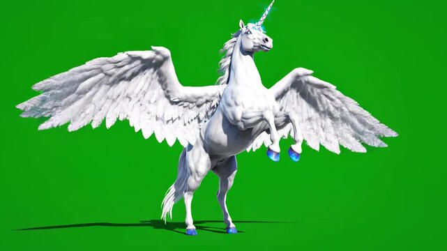 Majestic White Pegasus Unicorn with Large Wings and Blue Hooves on Green Screen, Perfect for Fantasy Film VFX and Creative Compositing.