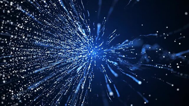 Abstract background with glowing blue particles and light trails exploding from the center