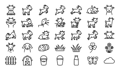 Premium cute cartoon goat farm animal and livestock nature line icons set © MDSUJON