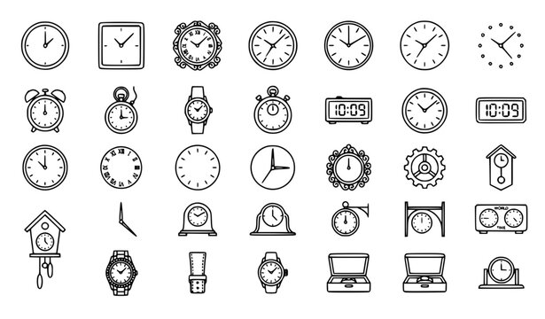 Premium clocks watches time management and countdown device line icons set