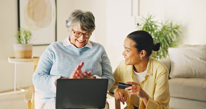 Credit card, old woman or daughter in home with laptop, checkout help or eft transaction in senior care. Support, elderly person or family with tech, online payment or cashless purchase in retirement