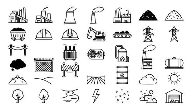 Premium heavy industry coal mining power generation and energy production line icons set