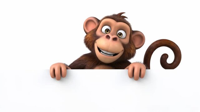 Cheerful Cartoon Monkey Peeking Over Blank White Banner, 3D Rendered Character ideal for marketing and children's educational content.