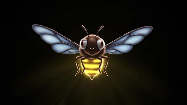 Glowing Firefly Animation featuring a cute 3D character with a bright yellow light on a black background, ideal for children's content.