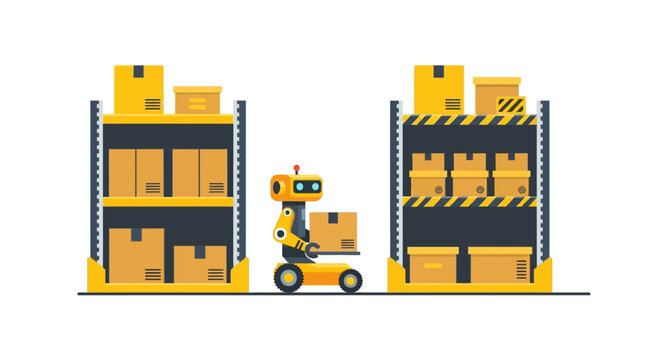 Automated Warehouse Robot Moving Cardboard Boxes on Shelves, Smart Logistics and Future AI Technology Concept Vector Illustration