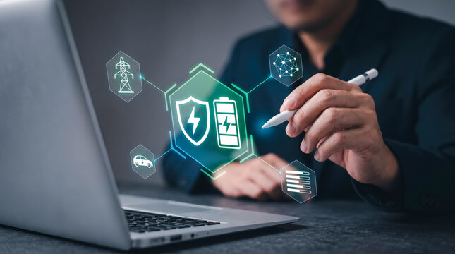 Professional using digital stylus on laptop displaying smart energy management system with security and IoT icons