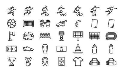 Premium soccer football tournament and sports training gear line icons bundle © MDSUJON