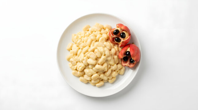 Ackee fruit seeds and flesh on a white plate with tropical ingredient background