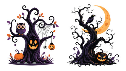 Fototapeta premium Spooky halloween trees with jack-o-lanterns and owl illustration halloween jackolantern celebration decoration illustration seasonal woodland silhouette mystical nighttime character