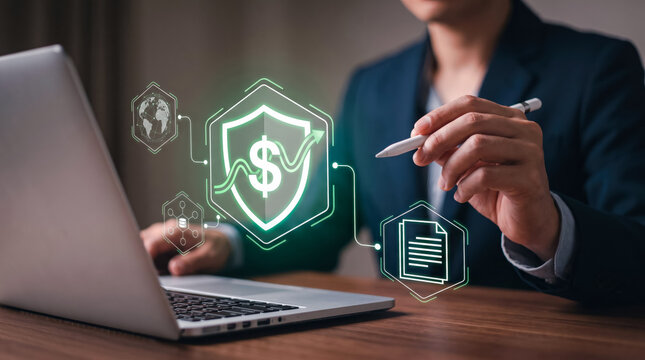 Professional using digital tablet to manage secure financial transactions with modern dashboard interface