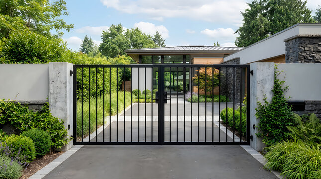 Modern residential estate entrance with black metal gate and stone pillars real estate driveway