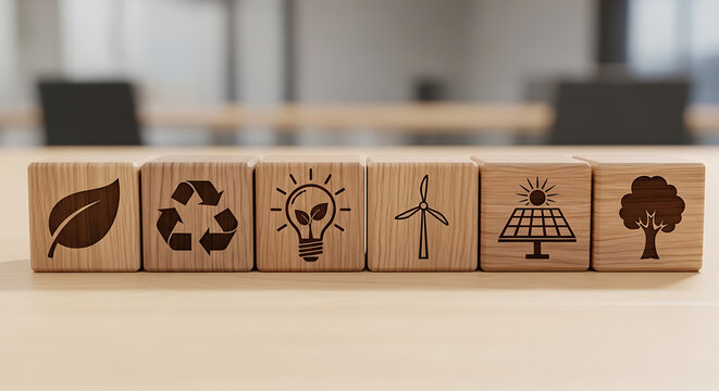 Flat wooden blocks with health and wellness icons