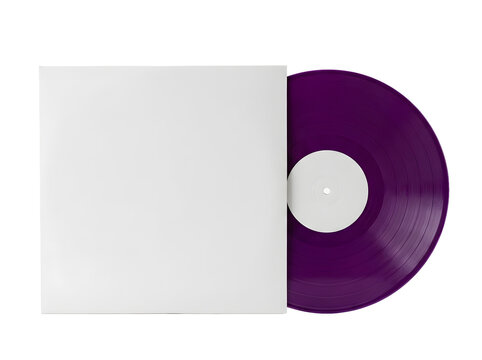 Purple vinyl record with white sleeve isolated on transparent background