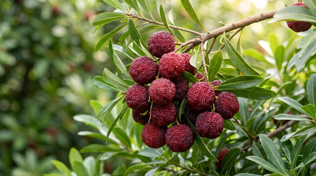 Cluster of ripe red arbutus berries on a tree branch in natural light with nutrition