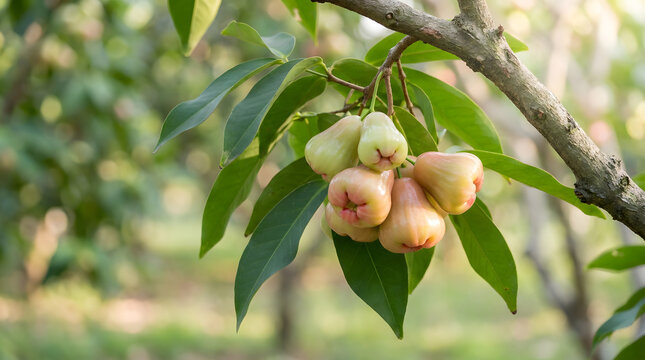 Fresh wax apples growing on tree branch in orchard with agriculture ripening nutritious