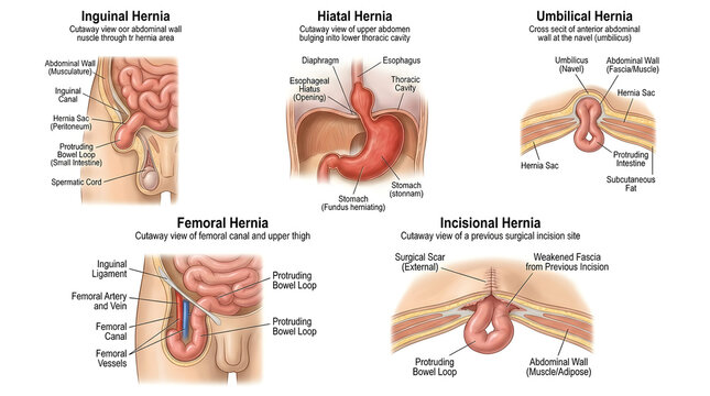 Types of abdominal hernias medical anatomy diagram with abdominal intestine pathology