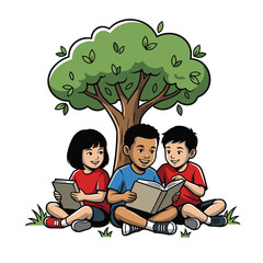Diverse children reading books together under tree on green grass
