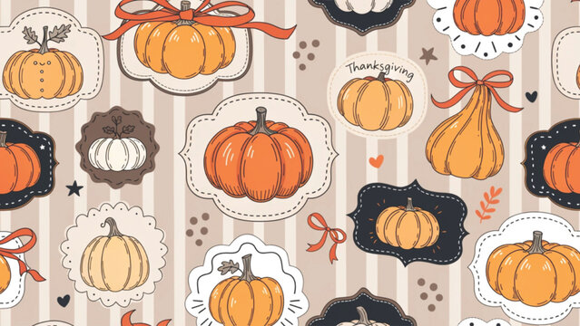 Vintage farmhouse seamless pattern featuring pumpkin plaques with ribbon accents vector background 
