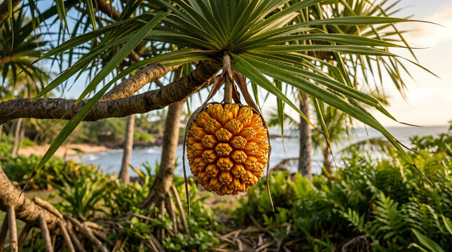 Ripe pandanus fruit hanging from tropical tree near beach with pandanus, tropical