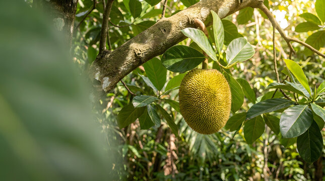 A single raw jackfruit hanging from a tree branch in a tropical orchard with jackfruit