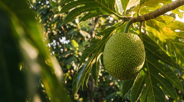 Fresh whole breadfruit hanging on a tree in a lush green orchard with breadfruit, tropical