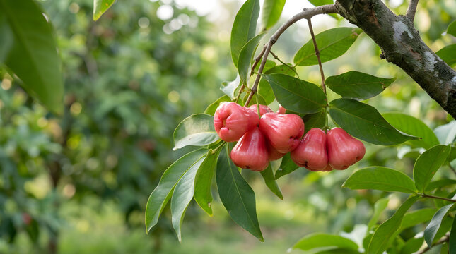 Bunch of ripe red bell fruit hanging on tree branch in orchard with wax apple, java apple