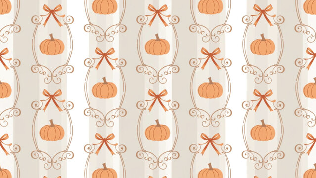 Vintage farmhouse seamless pattern featuring pumpkin plaques with ribbon accents vector background 
