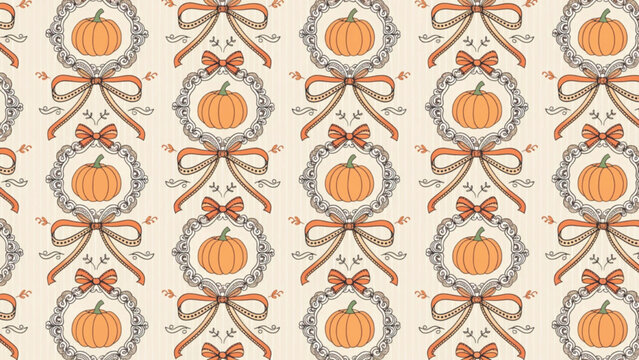 Vintage farmhouse seamless pattern featuring pumpkin plaques with ribbon accents vector background 

