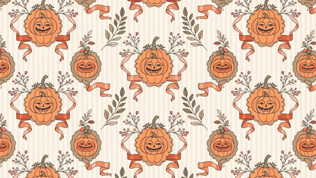 Vintage farmhouse seamless pattern featuring pumpkin plaques with ribbon accents vector background 
