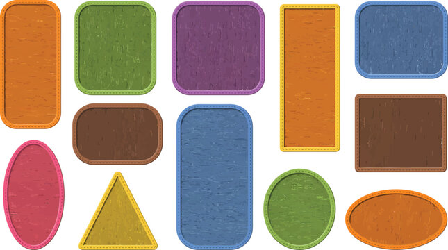 Textured fabric and denim patches with running stitch borders vector setTextured fabric and denim patches with running stitch borders vector set