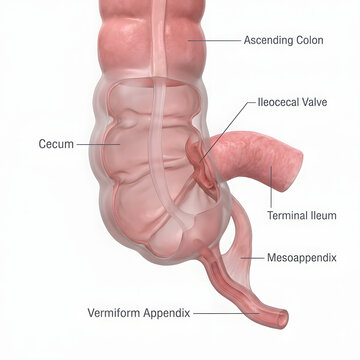 Anatomical diagram of human large intestine cecum and appendix structure with appendix