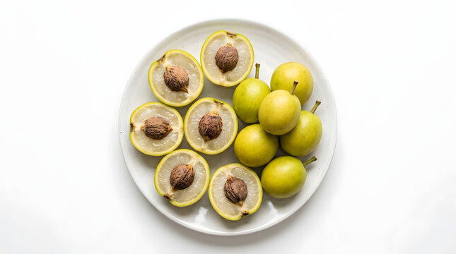Sliced marula fruits arranged on a white plate showing inner seeds with nutrition