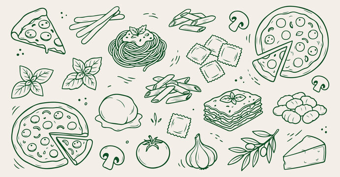 Italian pasta and pesto pattern, hand drawn green food sketch, ravioli and farfalle wallpaper, culinary ingredients line drawing, cooking recipe vector background, organic olive oil texture, kitchen t