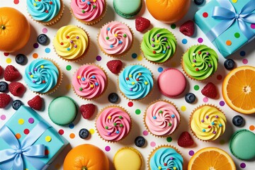 Fototapeta premium Top view of festive birthday party treats. Colorful cupcakes with frosting sprinkles alongside fresh oranges raspberries blueberries. Macarons, gift boxes with ribbon bows arranged on white table