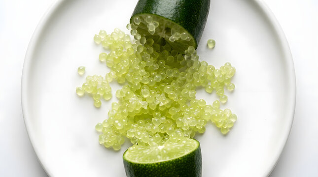 Fresh finger lime cut open with caviar-like pulp on a white plate citrus fruit culinary