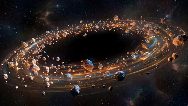 Asteroid belt orbiting black hole in deep space cosmic scenery